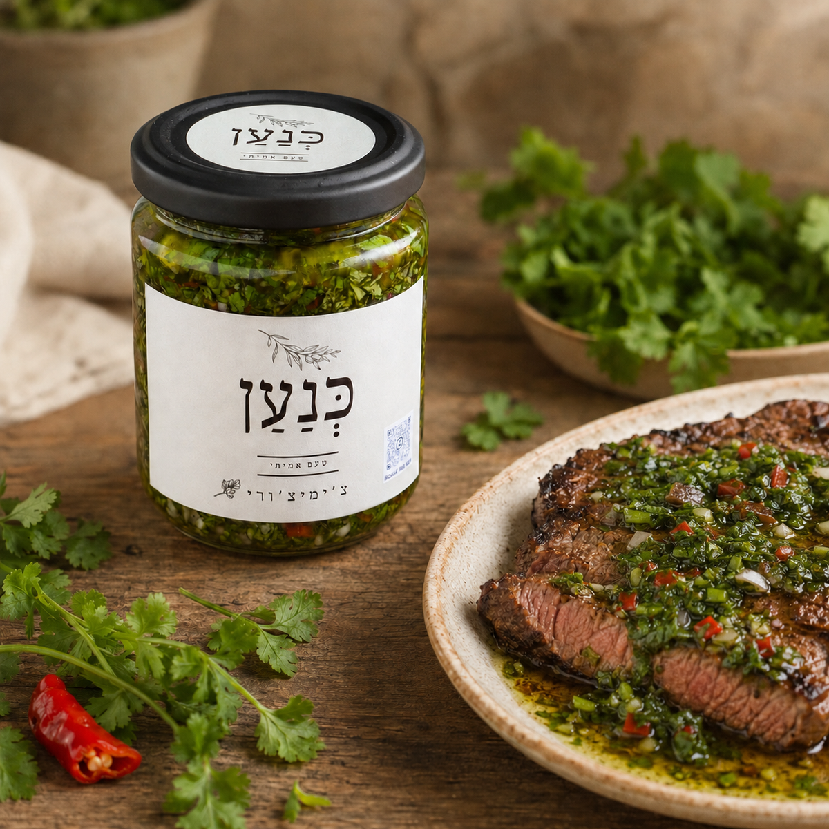צ׳ימיצ׳ורי טרי של כנען מוגש על סטייק